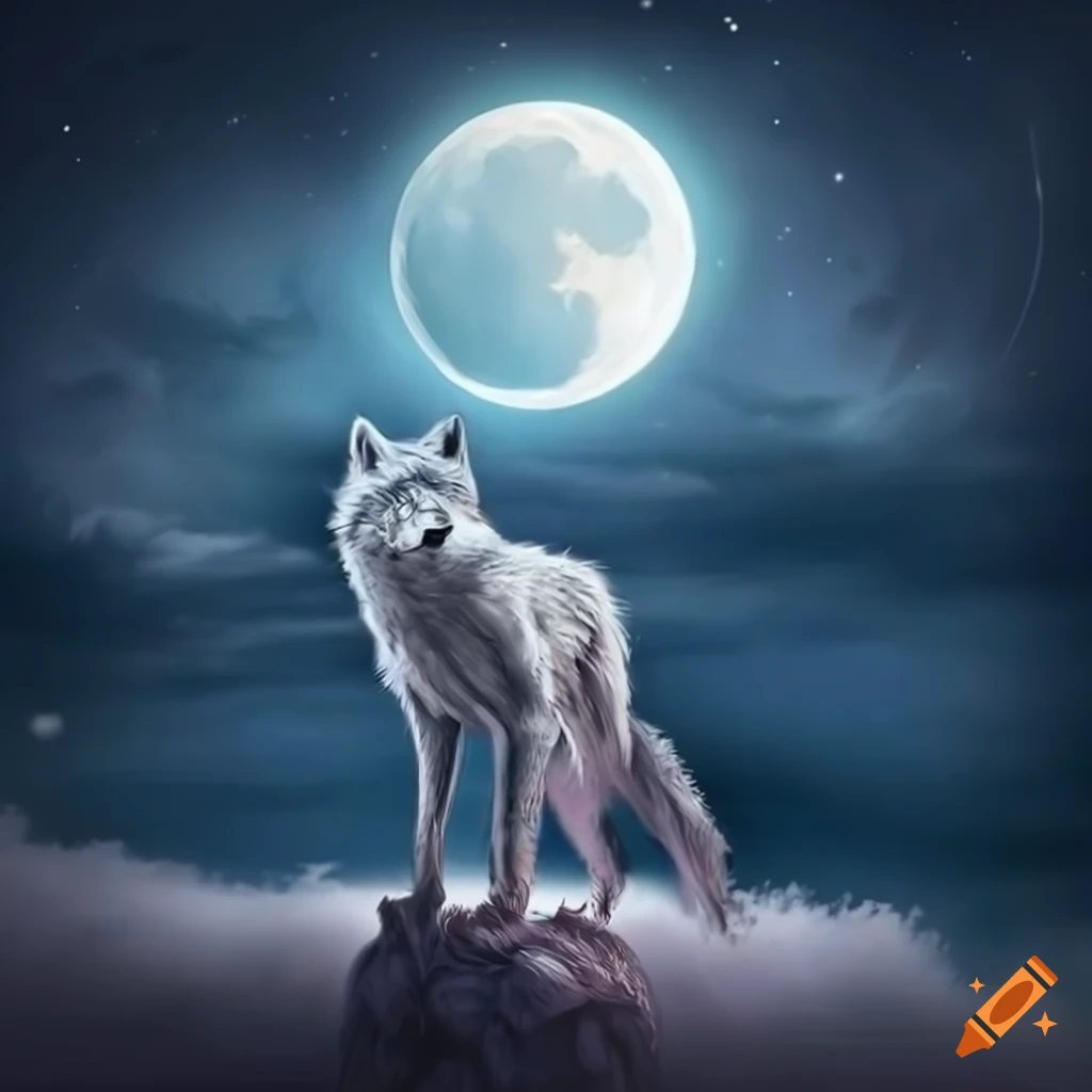 Image of a majestic silver wolf under the moon on Craiyon