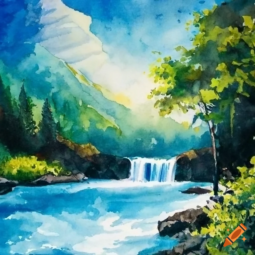 watercolor painting of a mountain with a river and waterfall