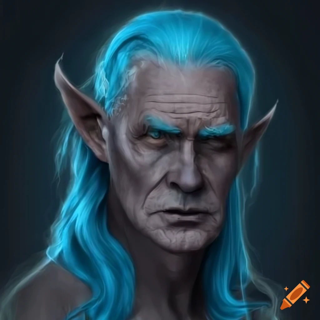 Digital art of an old man with blue skin and long hair