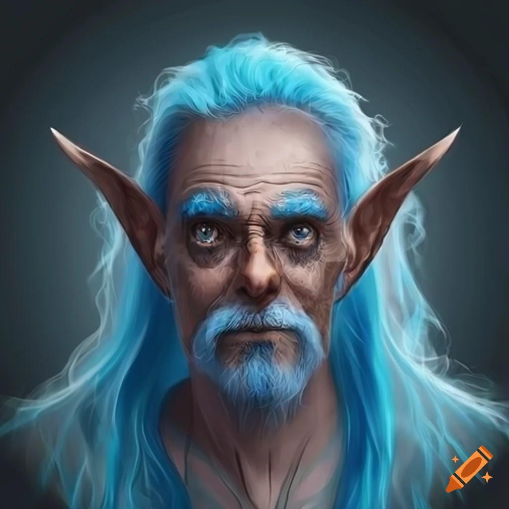 Photo of an old man with blue skin and long blue hair on Craiyon