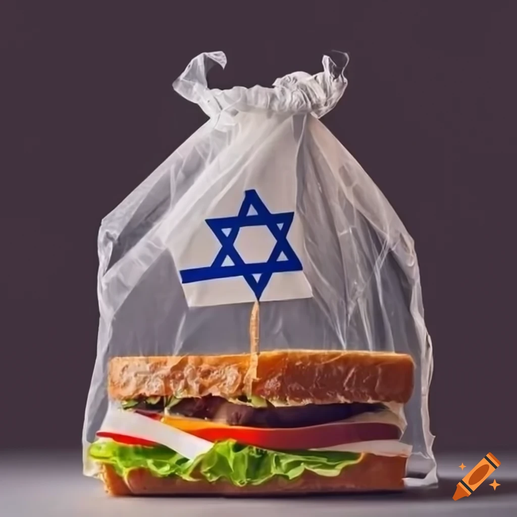 sandwich with Israel flag note in a plastic bag on black background
