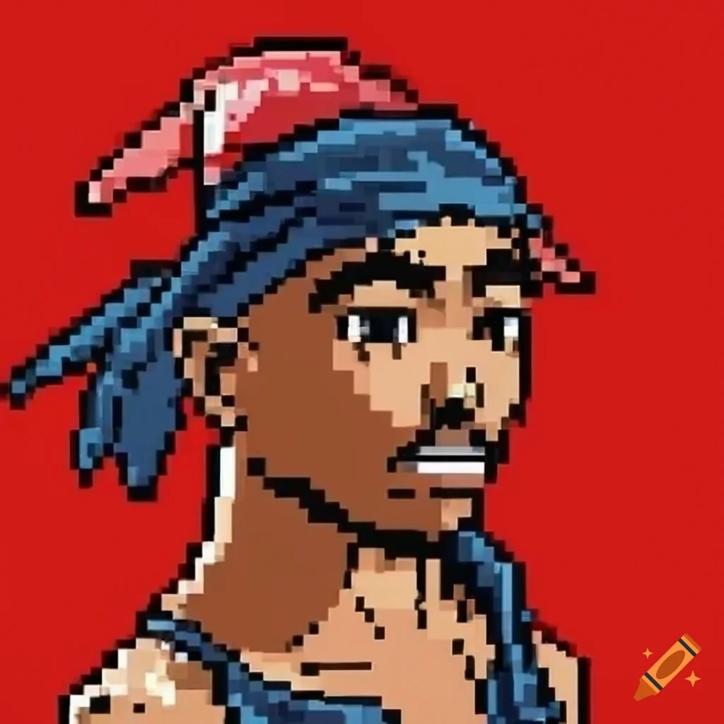 pixel art portrait of 2pac with red bandana in Akira Toriyama style