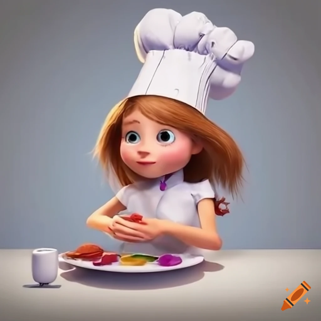 Pixar-style girl chef in a clean kitchen
