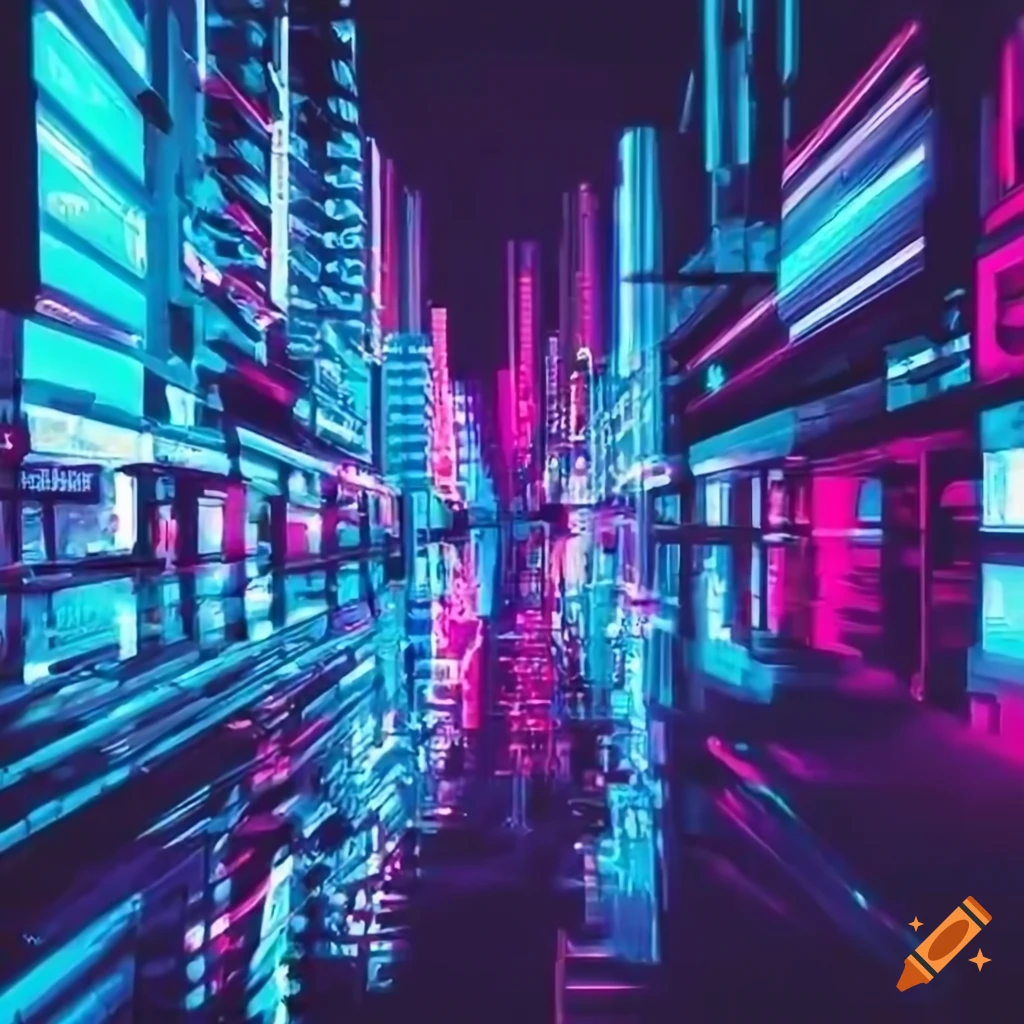 neon cityscape with vibrant blue and magenta lights