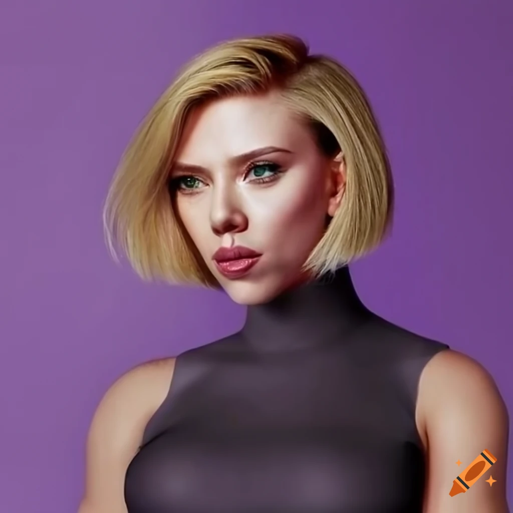 Scarlett johansson with straight bob haircut and purple background on ...