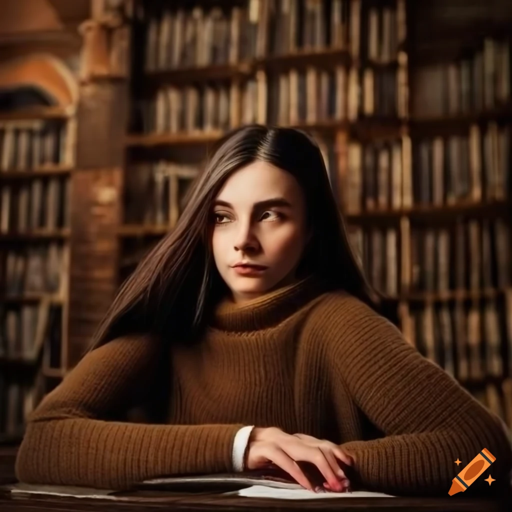 Girl in a brown sweater in an old library on craiyon