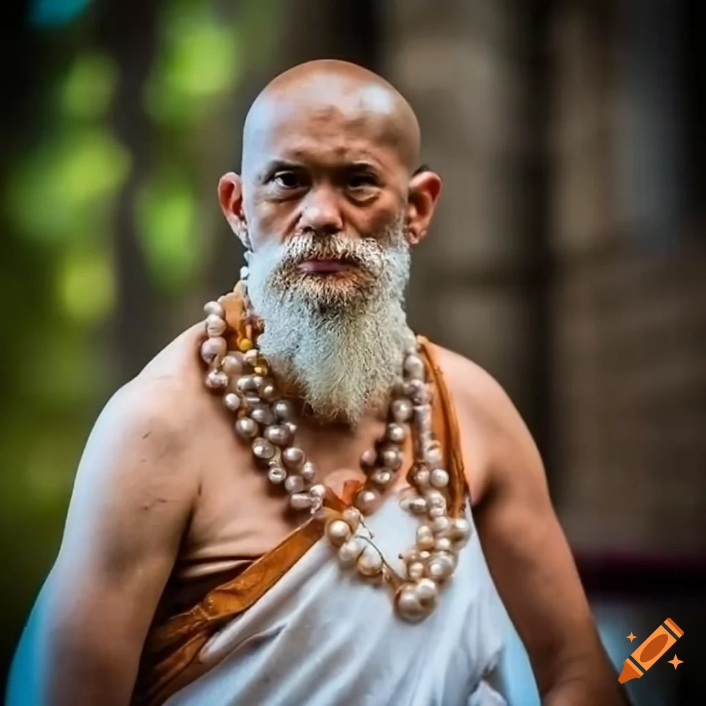 Image of a bearded martial artist monk with a pearl necklace on
