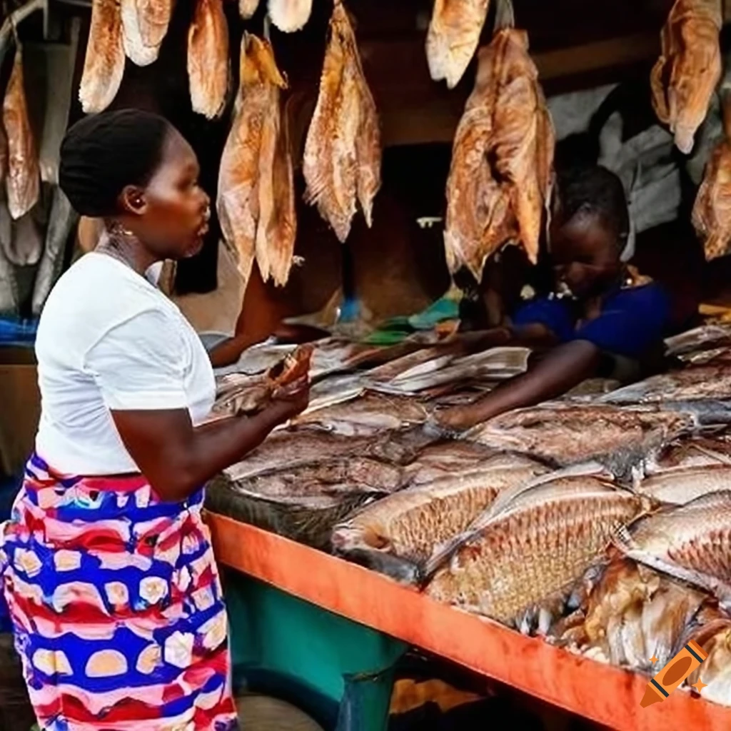 Skilled african woman selling dried fish in a vibrant market on Craiyon
