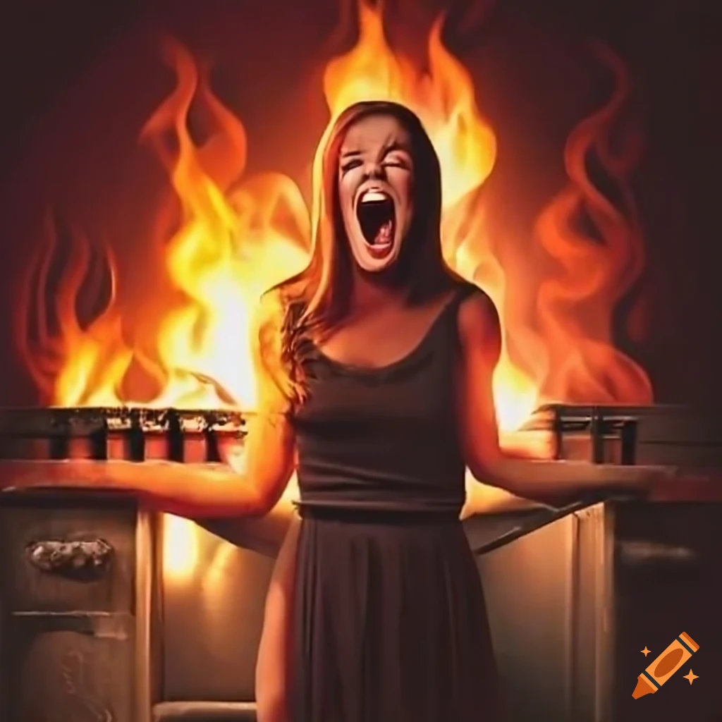 Woman panicking near a stove on fire on Craiyon