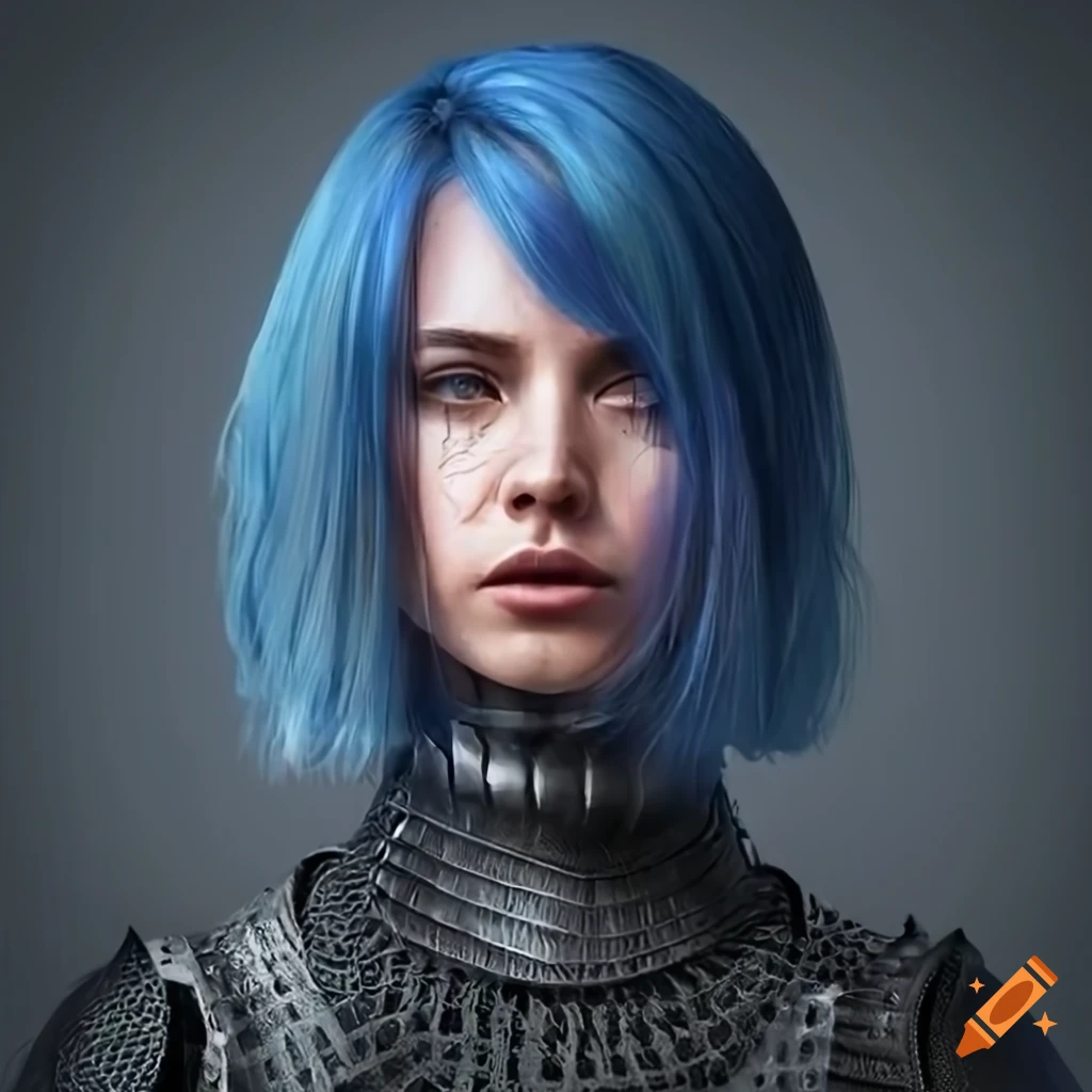 Fashionable woman in medieval armor with blue hair