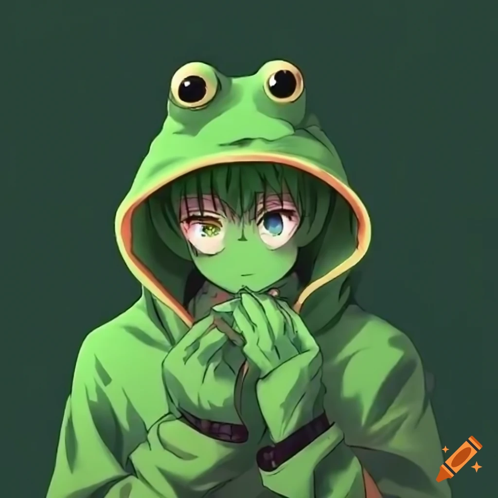 Anime character wearing a dark green frog hoodie on Craiyon