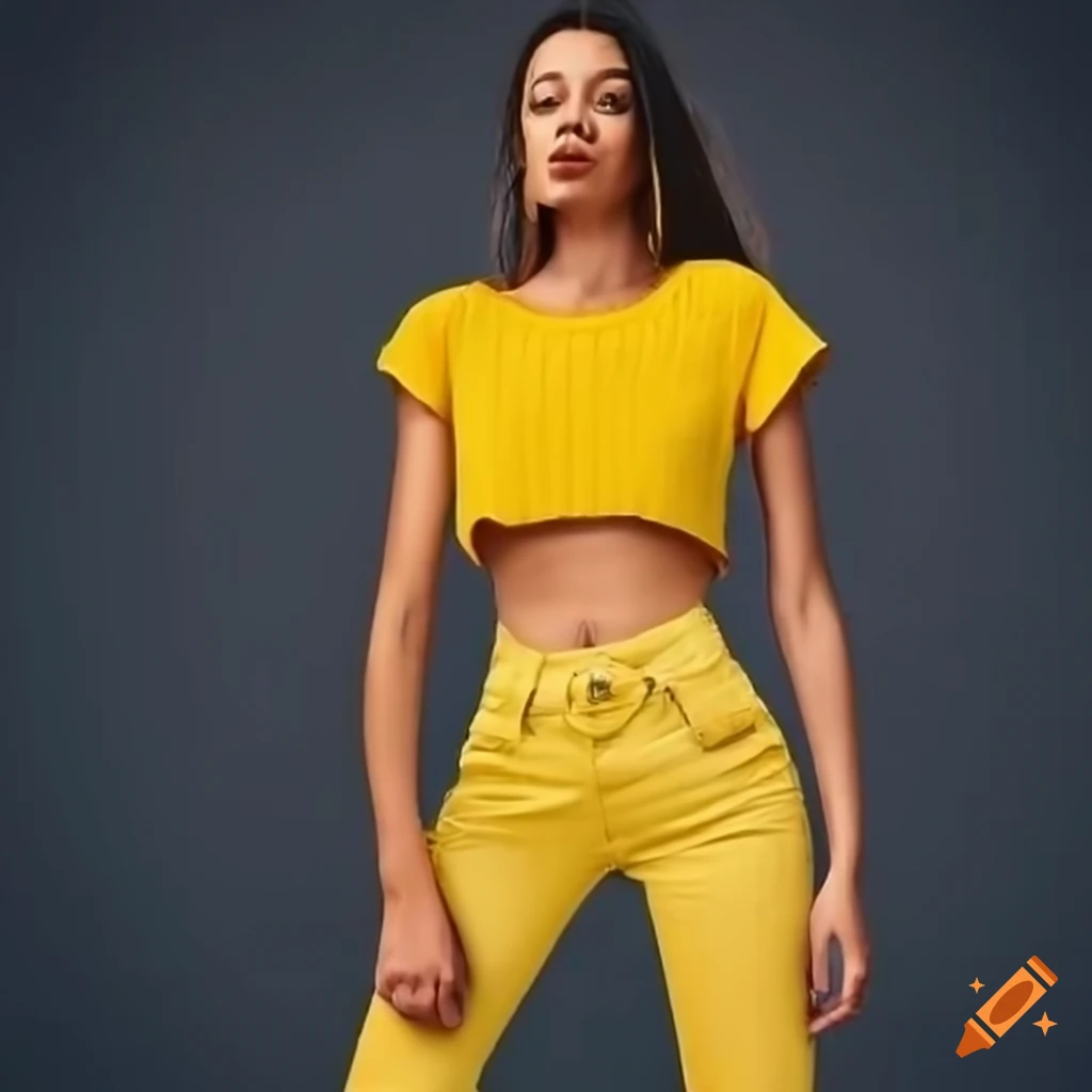 Yellow skinny jeans and crop top outfit