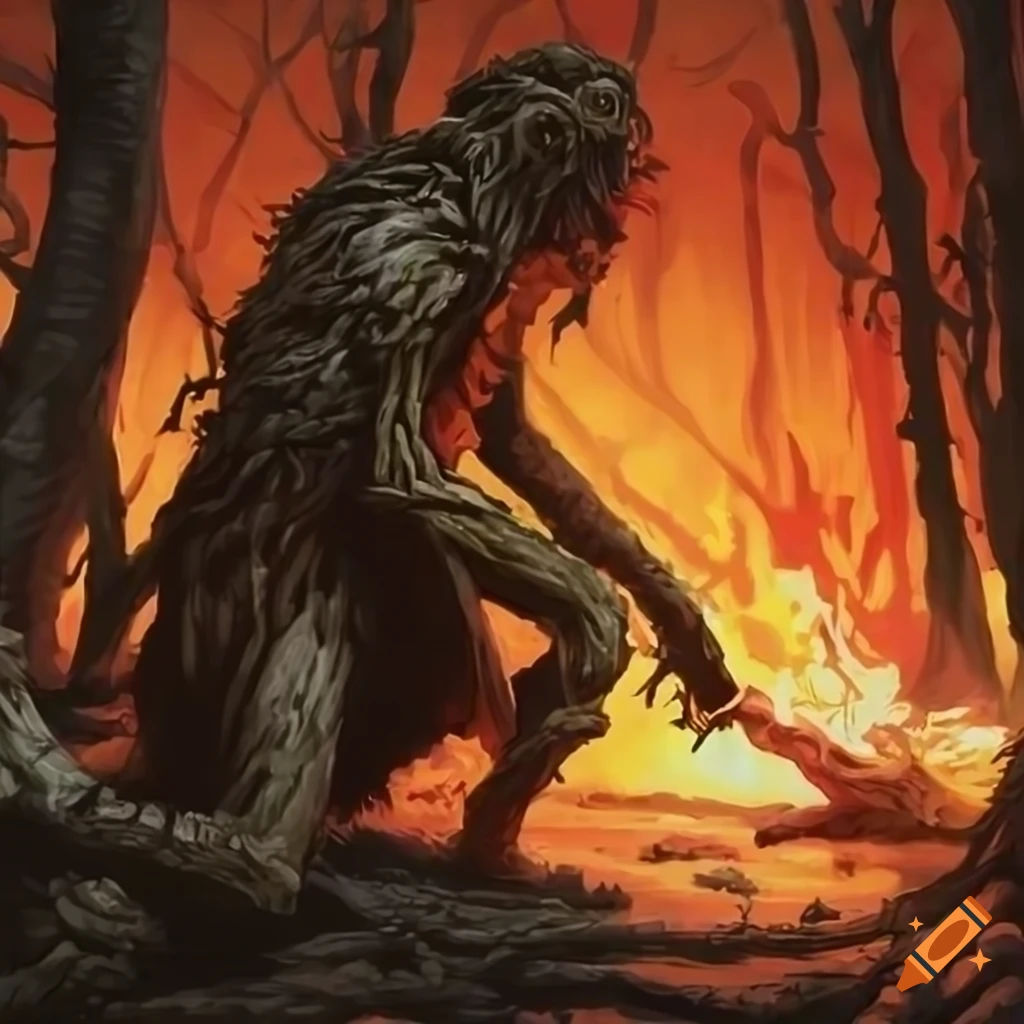 MTG art of a burned treefolk in a warfield on Craiyon