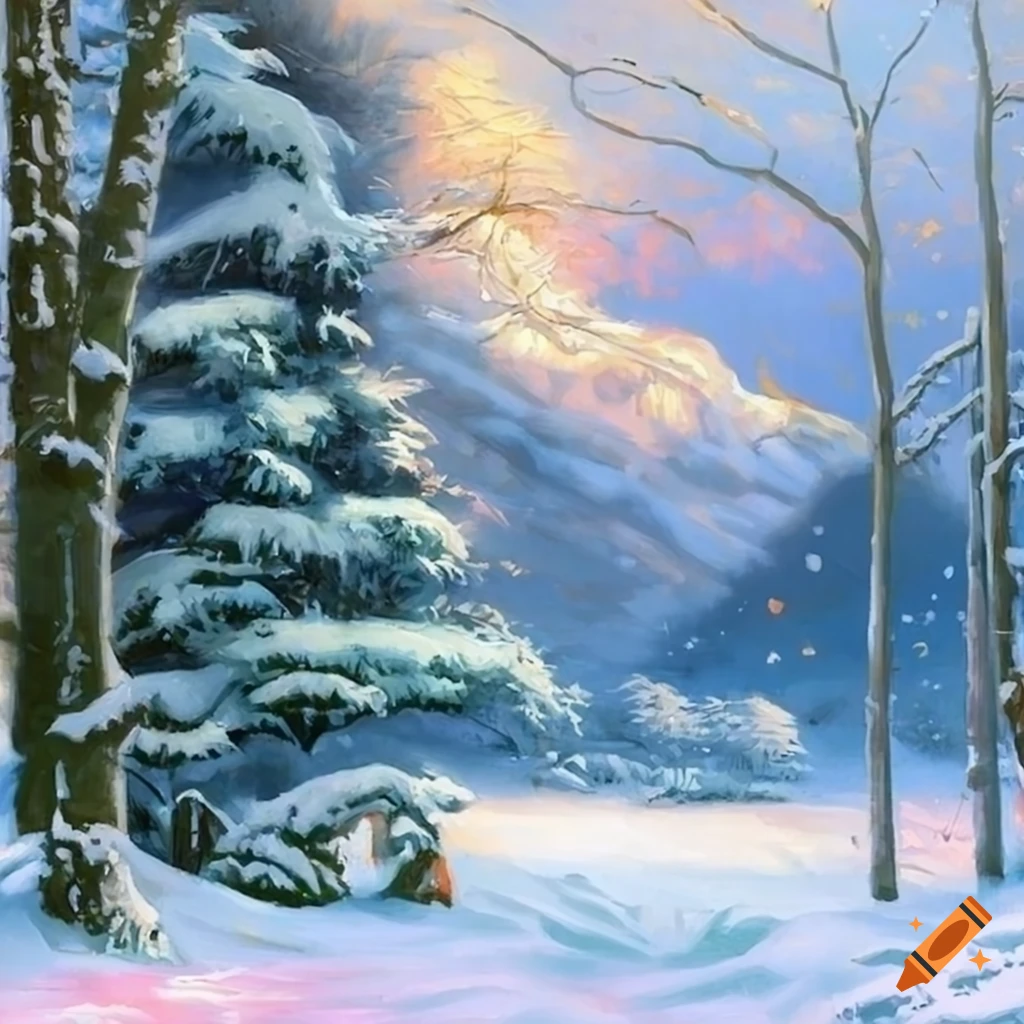 painting-style Christmas trees in a snow-covered forest