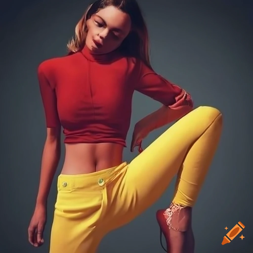 Red Skinny Jeans And Yellow Crop Top Outfit 4685