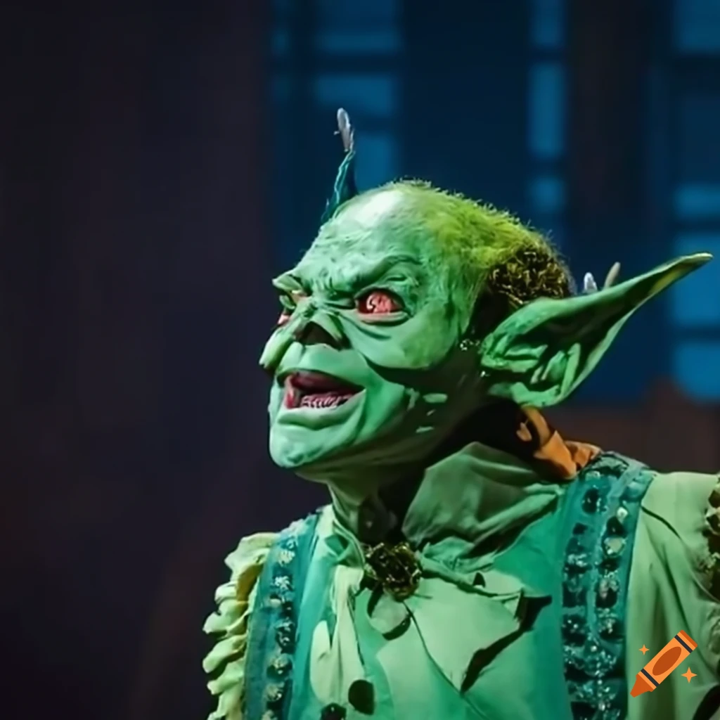 Green-skinned goblin actor portraying king john in a theatrical production