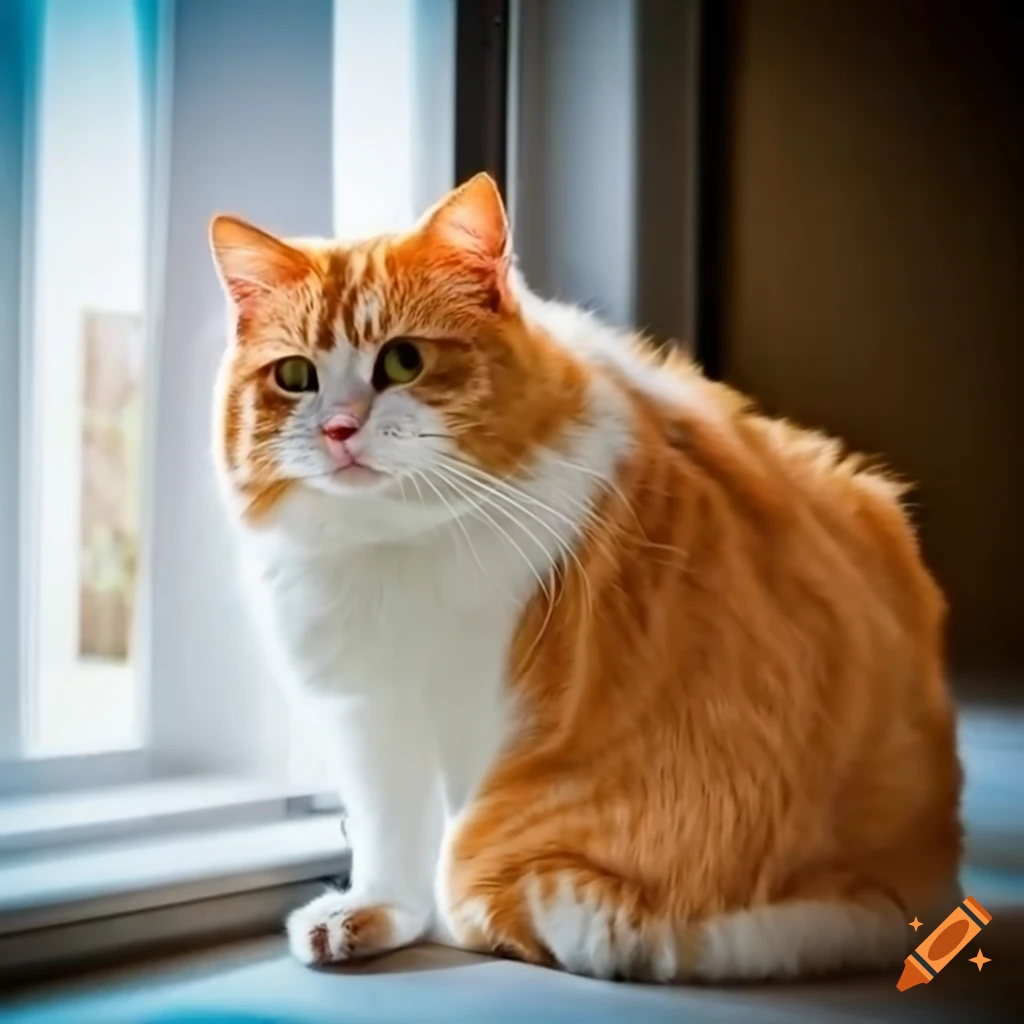 adorable orange and white cat waiting for food