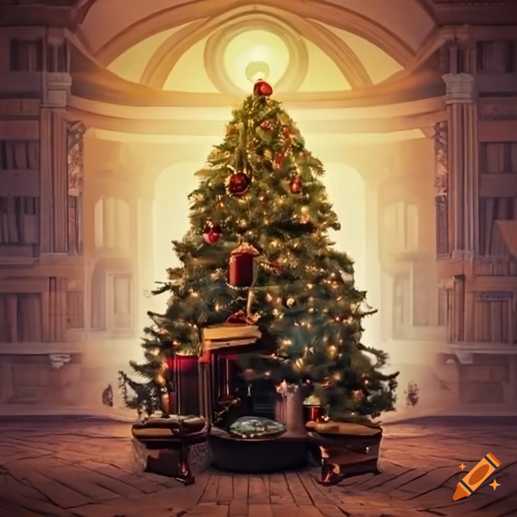 magical Christmas tree in a dusty library