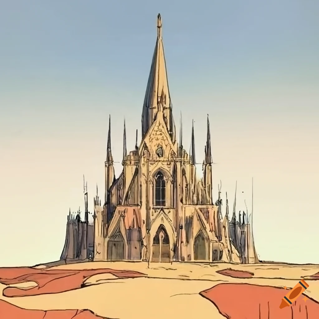 moebius style artwork of a cathedral