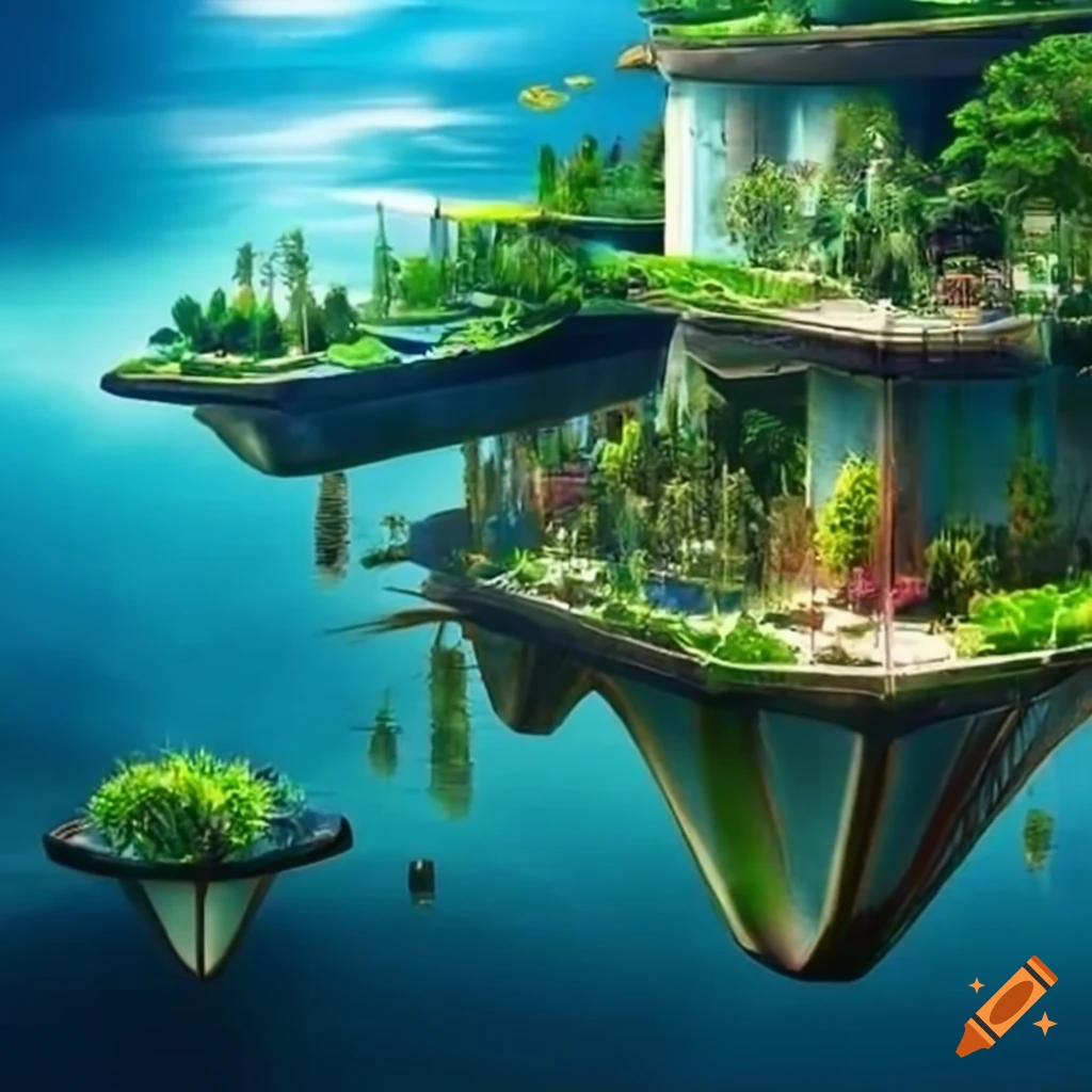 Floating town with exotic plants in a futuristic setting
