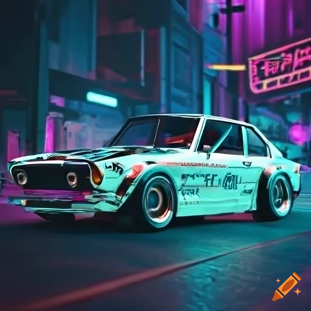 8k render of a retro DTM Datsun with neon lights