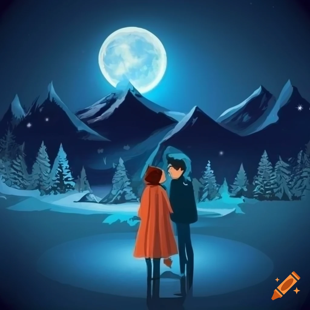illustration of a scientist and a mathematician couple in a snowy mountain landscape