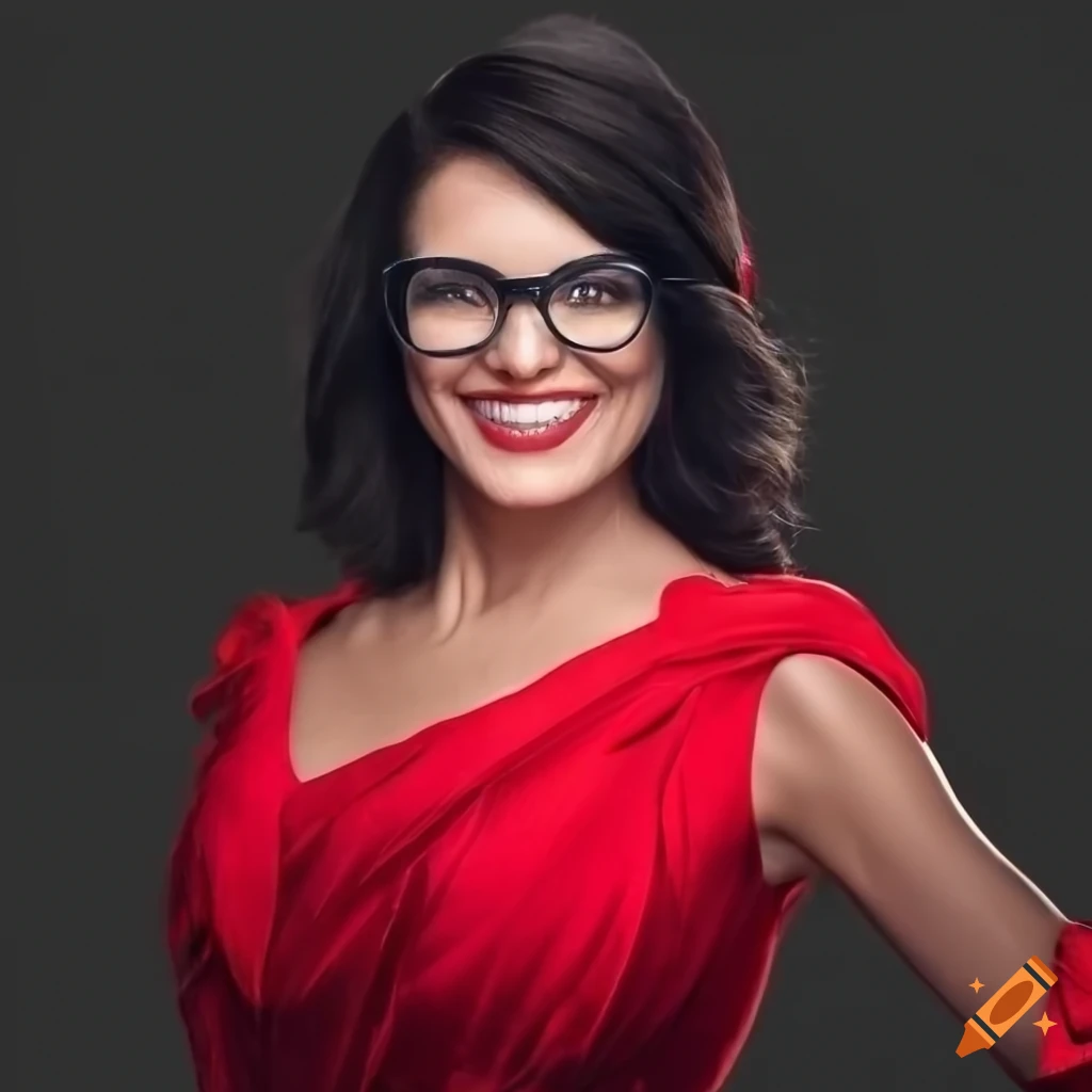 Smiling woman in a long red dress and glasses on Craiyon