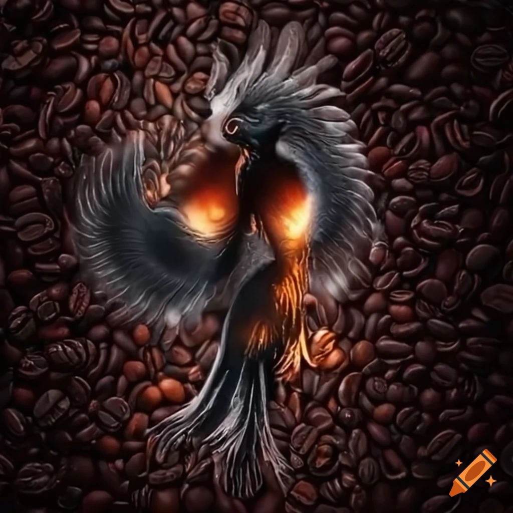 Art of a black phoenix on coffee beans on Craiyon