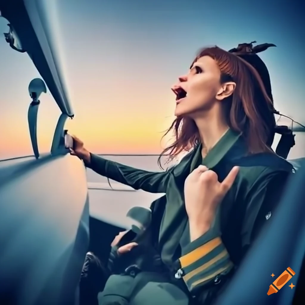 image of a panicking female pilot flying a plane