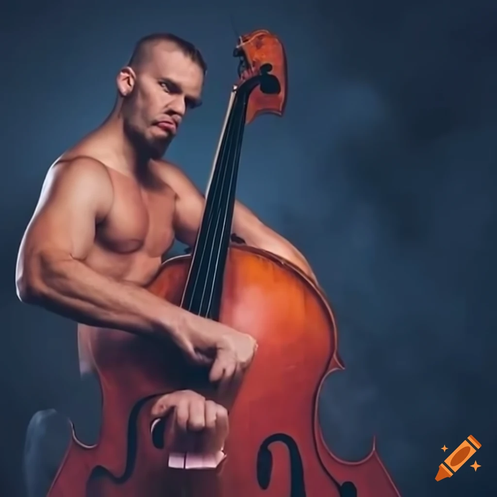 Muscular double bass player performing in a dimly lit bar on Craiyon