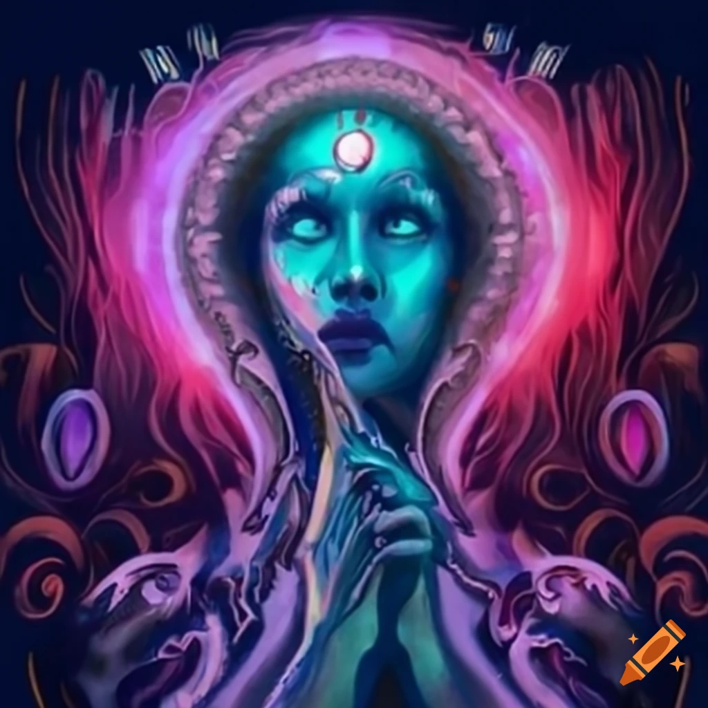 Artwork representing seven of cups and the high priestess tarot cards