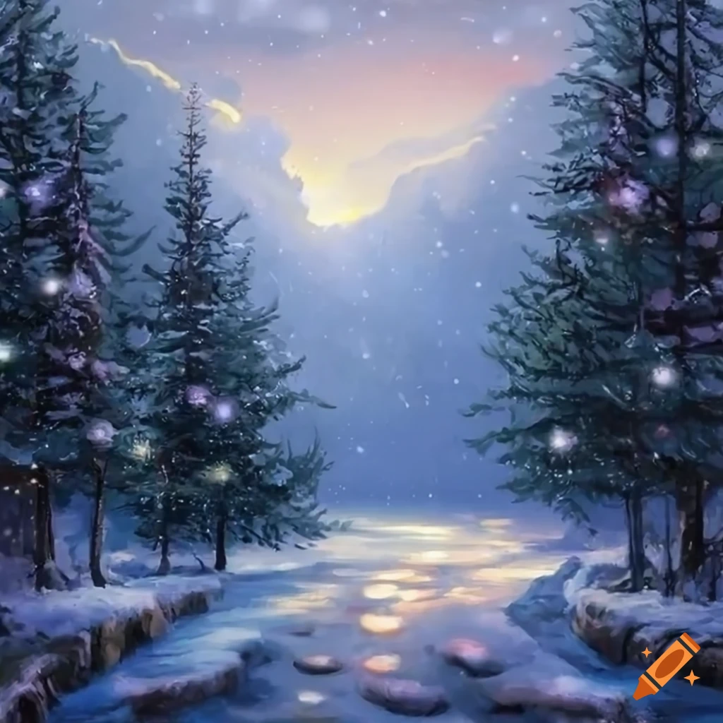 painting of Christmas trees in a snowy forest