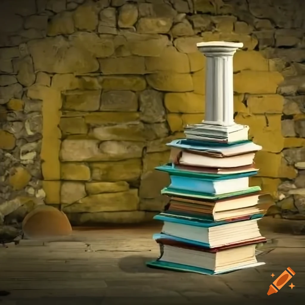 Books beside greek column in a moss covered cellar on craiyon