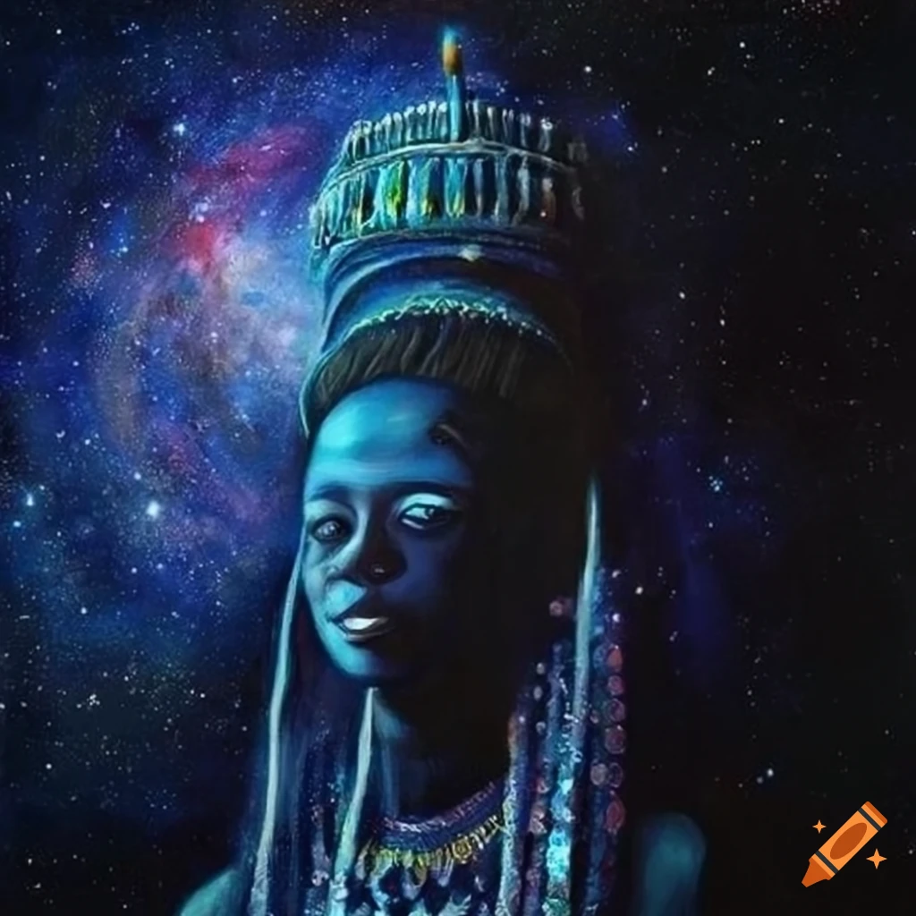 Colorful painting of ancient african kings and queens facing cosmic entity