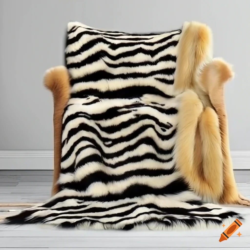 Cream yellow and black zebra print fluffy fox fur blanket