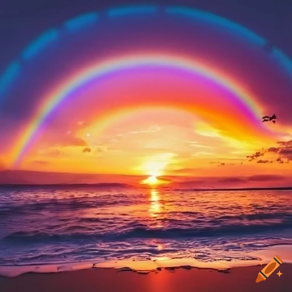 Sunset beach with a beautiful rainbow