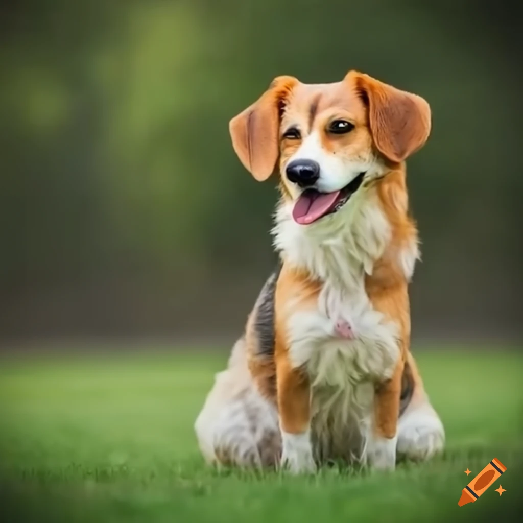 realistic dog standing on grass with a dog emoji signature
