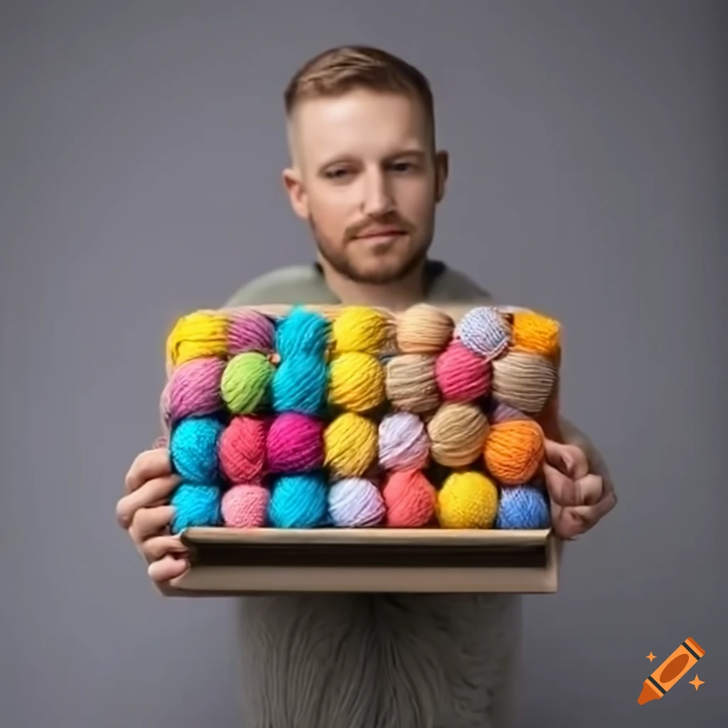 man with colorful yarn balls in a box
