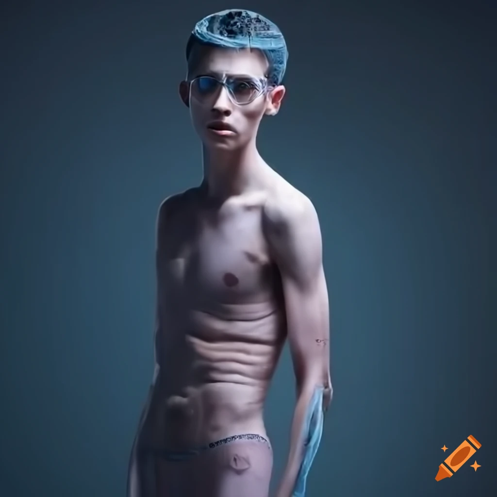 hyperrealistic image of a skinny male human in futuristic streetwear working in a space station