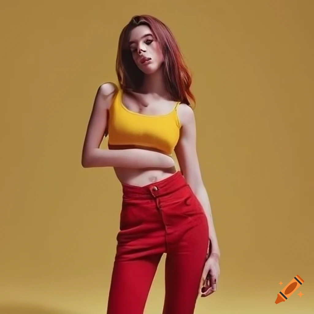 Red skinny jeans and yellow crop top on Craiyon