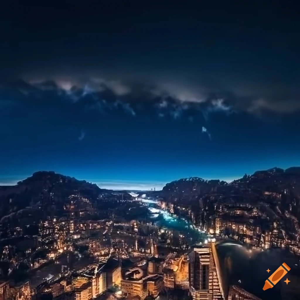 Sky view of a city over mountains and waterfall on Craiyon