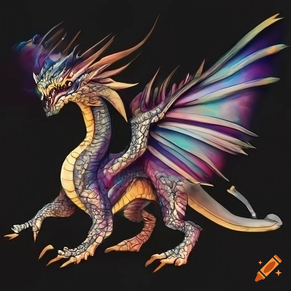 Illustration of a detailed dragon in side view on Craiyon