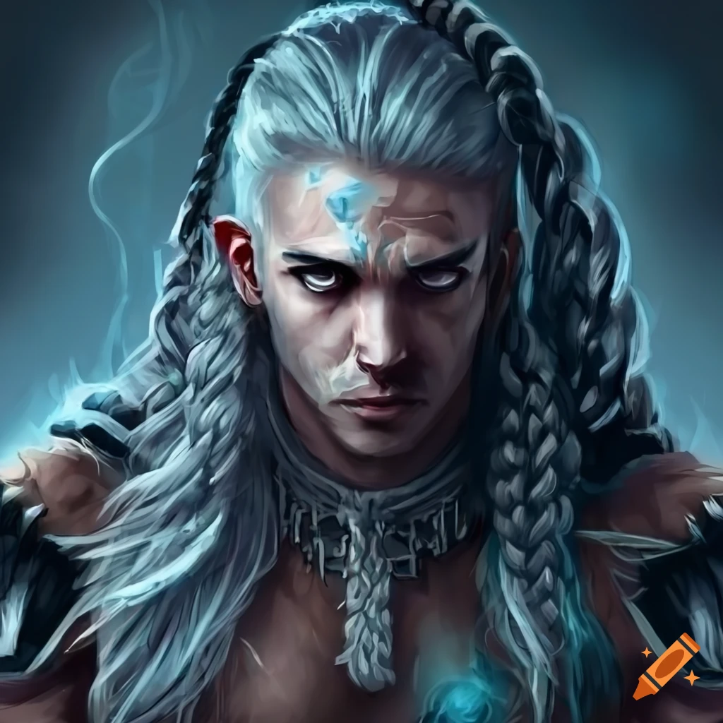 Concept art of a fierce male warrior with silver eyes on Craiyon