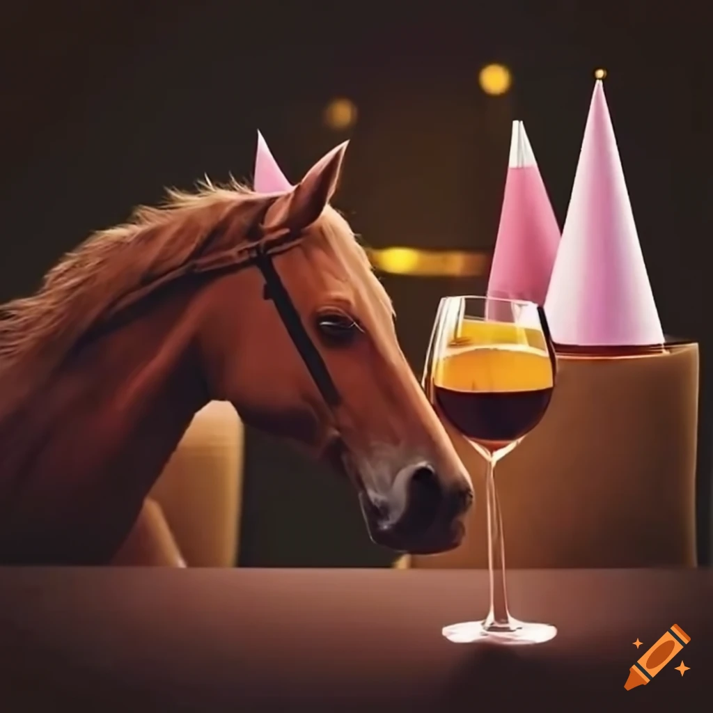 Horses celebrating with party hats and wine