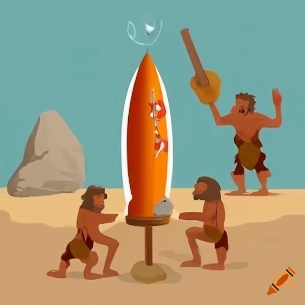 satirical image of cavemen building a rocket