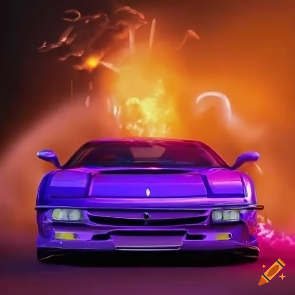 Purple ferrari 355 with explosion in background