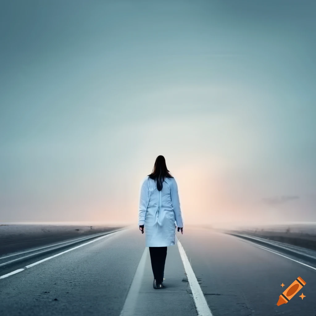 chemist walking on a road in white coat