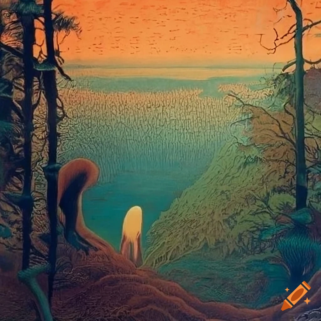 Serigraph Artwork Of A Fantasy Jungle Landscape With Native Designs On serigraph-artwork-of-a-fantasy-jungle-landscape-with-native-designs-on