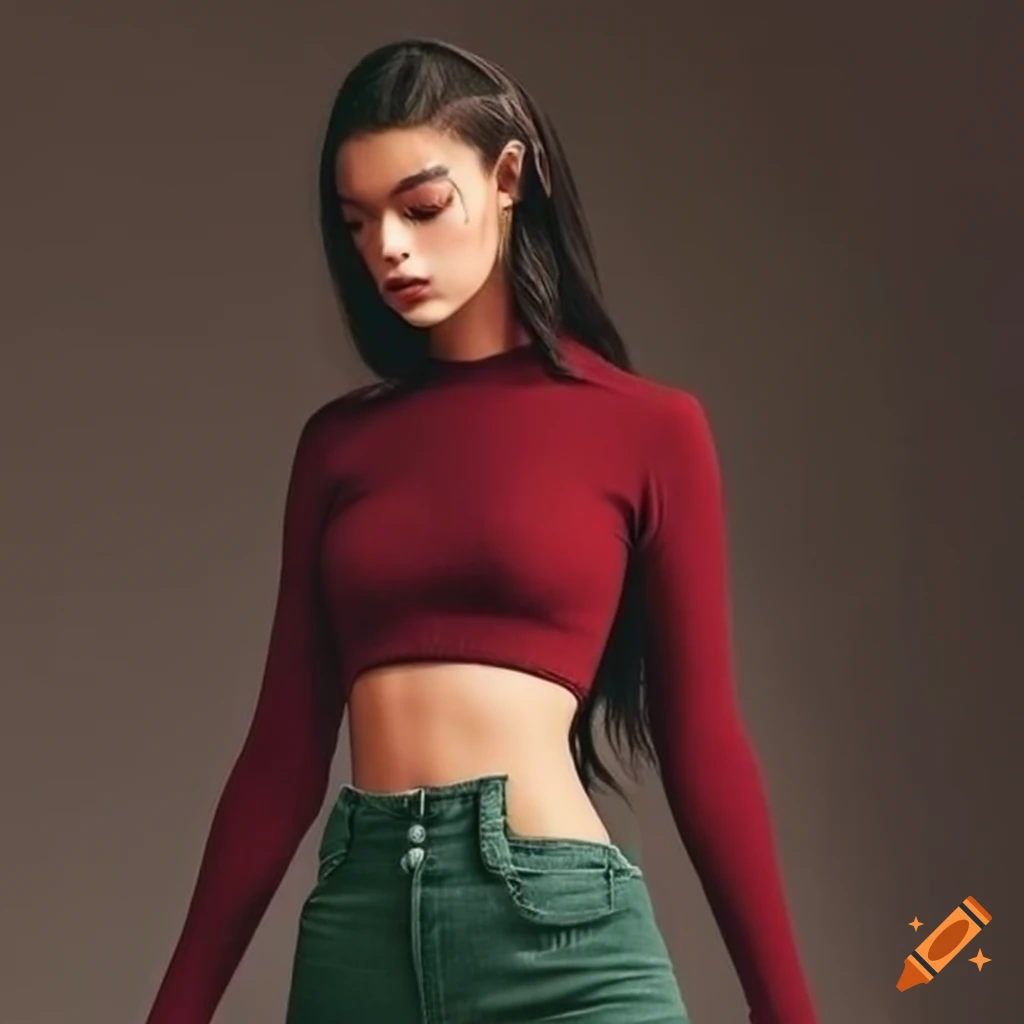Dark green skinny jeans and wine red crop top outfit on Craiyon