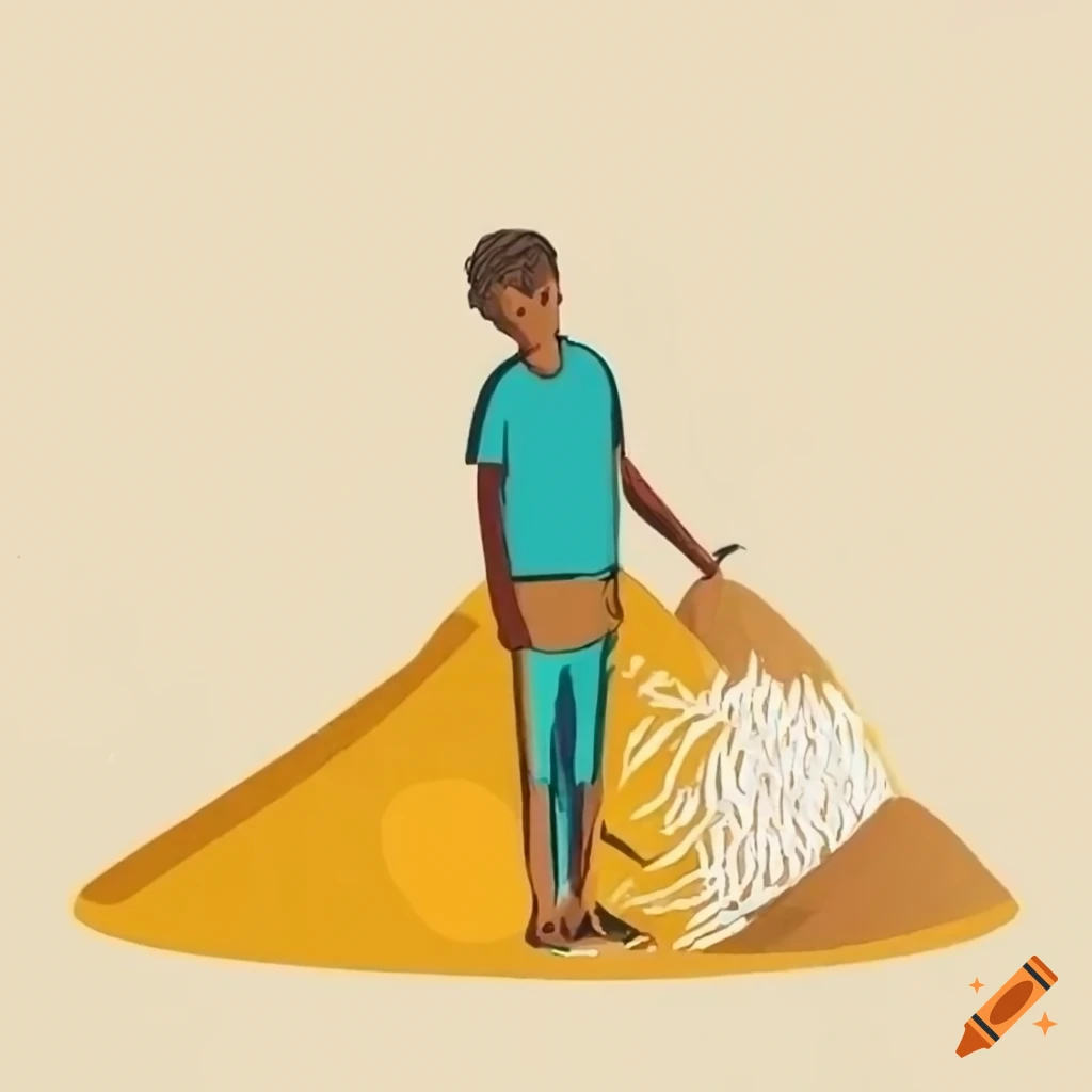 sketch of a man next to a mountain of white rice